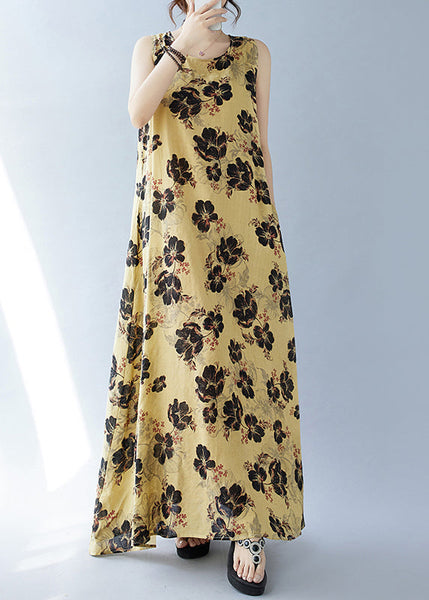 Bohemian Cotton Yellow Oversized Sleeveless Print Dresses FashionChic