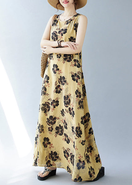 Bohemian Cotton Yellow Oversized Sleeveless Print Dresses FashionChic