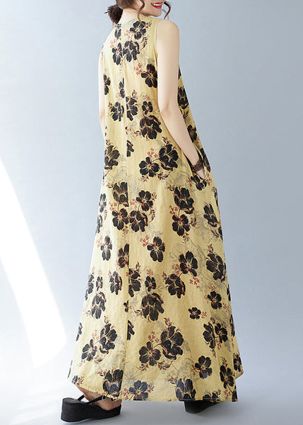 Bohemian Cotton Yellow Oversized Sleeveless Print Dresses FashionChic