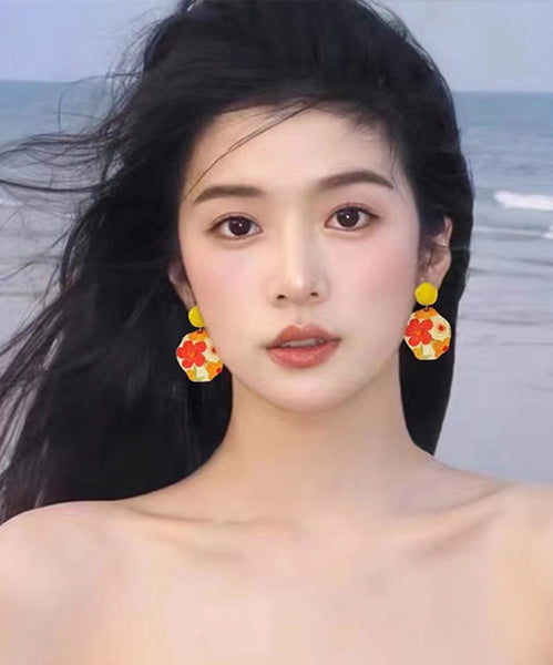 Glaze Drop Silver Bohemian Earrings Yellow Floral Srerling FashionChic