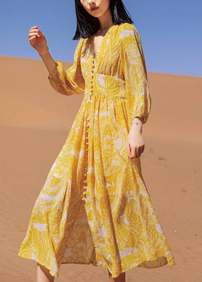 Long Fall Yellow Chiffon Dresses Bohemian Neck Print V FashionChic