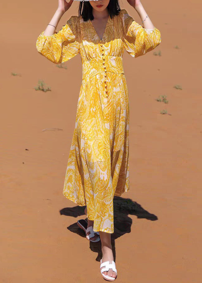 Long Fall Yellow Chiffon Dresses Bohemian Neck Print V FashionChic
