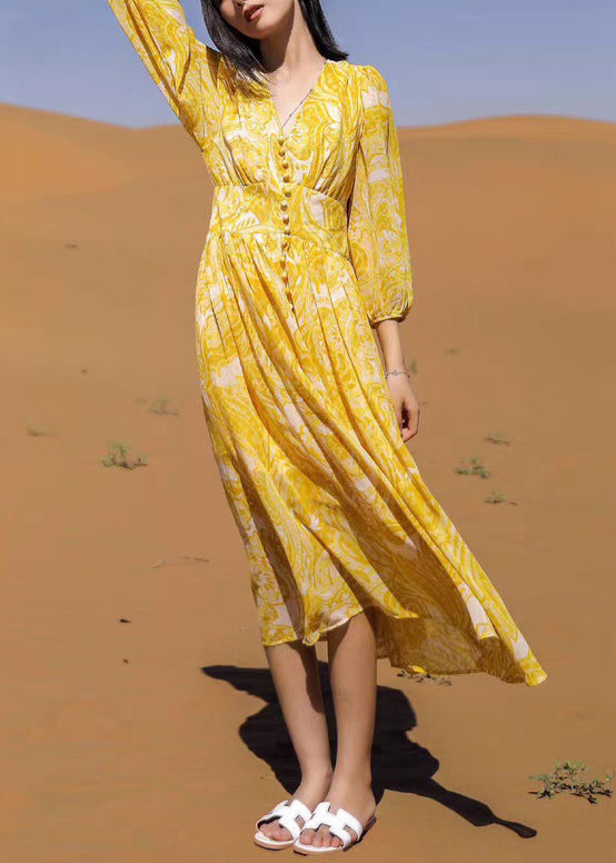 Long Fall Yellow Chiffon Dresses Bohemian Neck Print V FashionChic