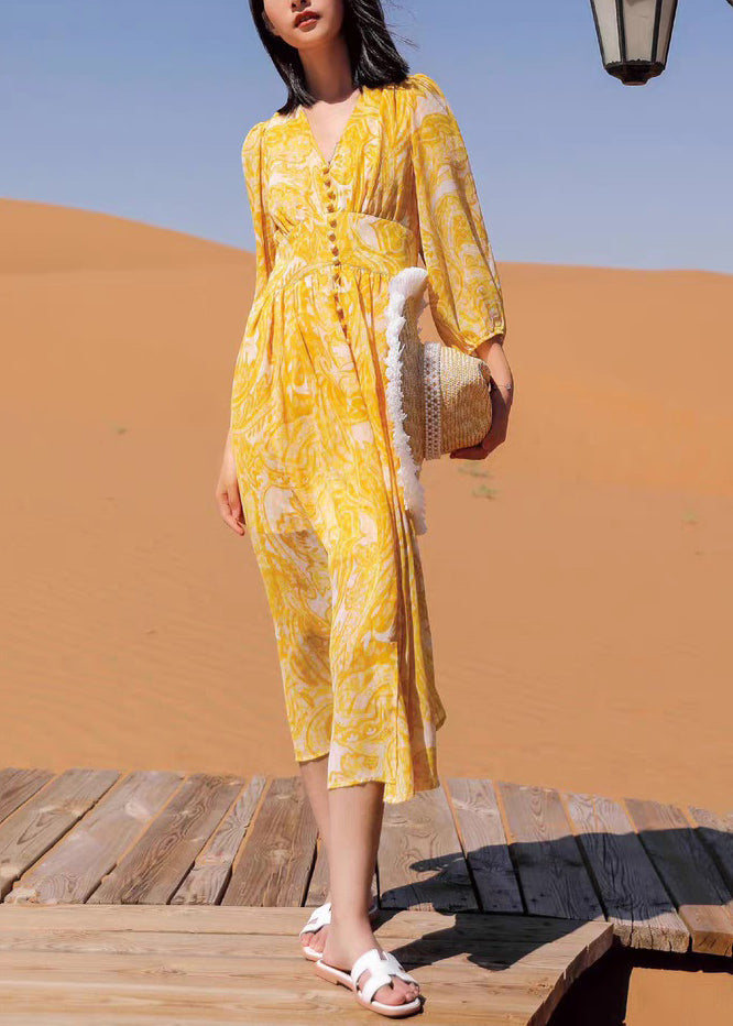Long Fall Yellow Chiffon Dresses Bohemian Neck Print V FashionChic