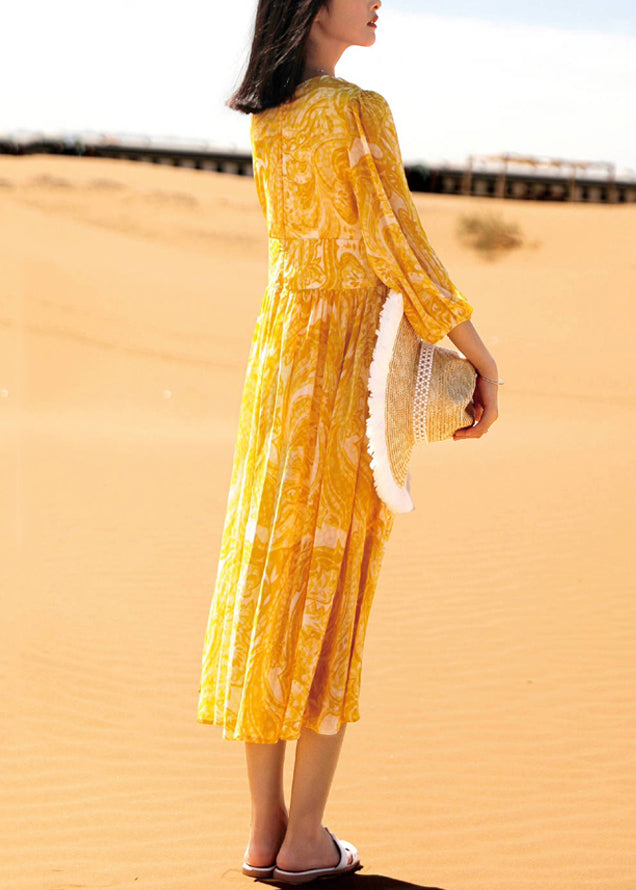 Long Fall Yellow Chiffon Dresses Bohemian Neck Print V FashionChic