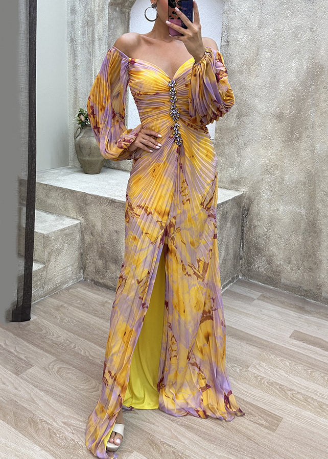 Wrinkled Spring Bohemian Side Open Ankle Yellow Dress FashionChic