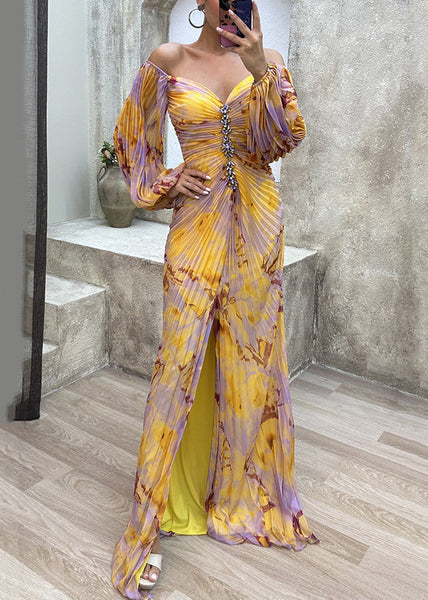 Wrinkled Spring Bohemian Side Open Ankle Yellow Dress FashionChic