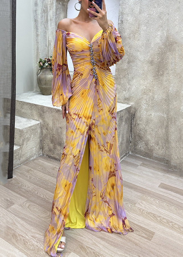 Wrinkled Spring Bohemian Side Open Ankle Yellow Dress FashionChic