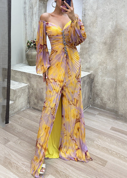 Wrinkled Spring Bohemian Side Open Ankle Yellow Dress FashionChic