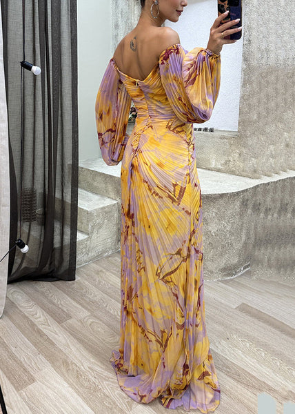 Wrinkled Spring Bohemian Side Open Ankle Yellow Dress FashionChic