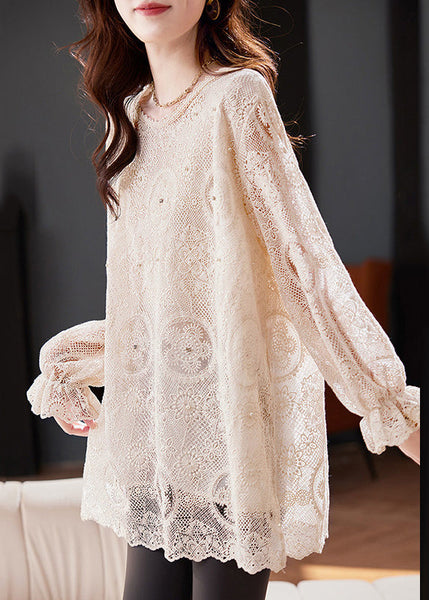 Flare Top Boho Out Chiffon Apricot Embroidered Hollow Sleeve FashionChic