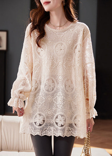 Flare Top Boho Out Chiffon Apricot Embroidered Hollow Sleeve FashionChic