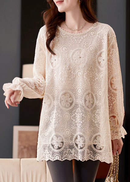 Flare Top Boho Out Chiffon Apricot Embroidered Hollow Sleeve FashionChic