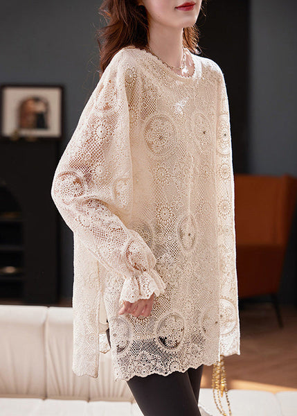 Flare Top Boho Out Chiffon Apricot Embroidered Hollow Sleeve FashionChic