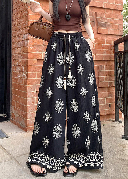 Waist Pants Cotton Boho Leg Wide Apricot Print Summer Elastic FashionChic