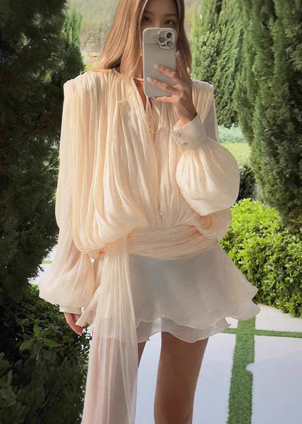 Apricot Boho Chiffon Sleeve Dress Summer Puff Work Wrinkled FashionChic