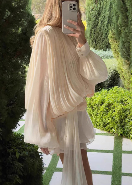 Apricot Boho Chiffon Sleeve Dress Summer Puff Work Wrinkled FashionChic