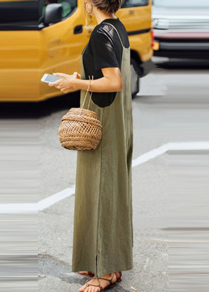 Neck Jumpsuit Army Green Slash Boho Sleeveless Solid FashionChic