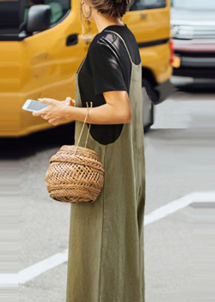 Neck Jumpsuit Army Green Slash Boho Sleeveless Solid FashionChic