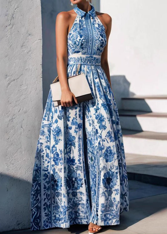 Boho Print Collar Blue Pan Dress Peter Baby Summer Maxi FashionChic