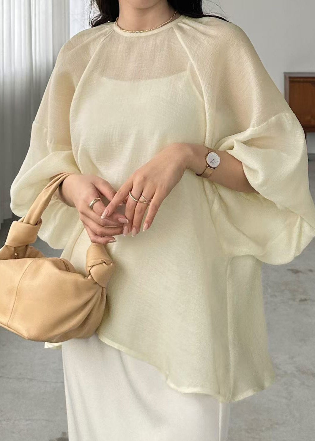 Sheer Boho Chiffon Sleeve Oversized Batwing Top Beige FashionChic