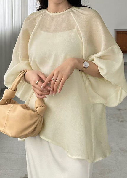 Sheer Boho Chiffon Sleeve Oversized Batwing Top Beige FashionChic