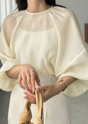 Sheer Boho Chiffon Sleeve Oversized Batwing Top Beige FashionChic