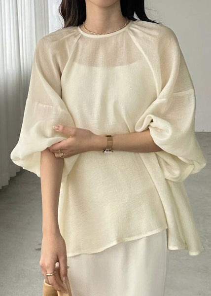 Sheer Boho Chiffon Sleeve Oversized Batwing Top Beige FashionChic