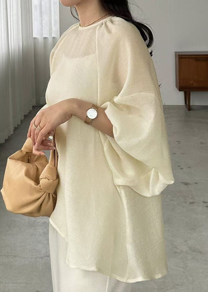 Sheer Boho Chiffon Sleeve Oversized Batwing Top Beige FashionChic