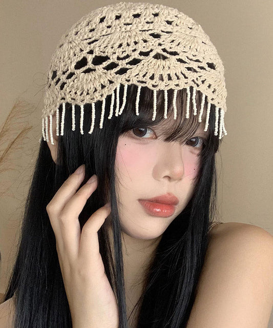 Boho Beige Tassel Hollow Out Knit Boonie Hat WI018 hat-HAT241105