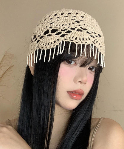 Boho Beige Tassel Hollow Out Knit Boonie Hat WI018 hat-HAT241105