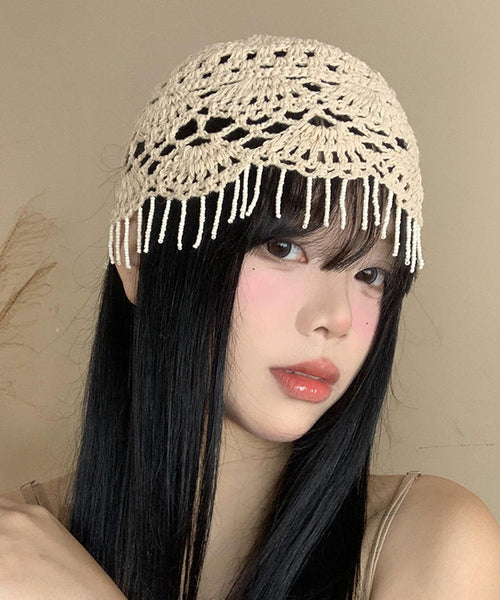 Boho Beige Tassel Hollow Out Knit Boonie Hat WI018 hat-HAT241105