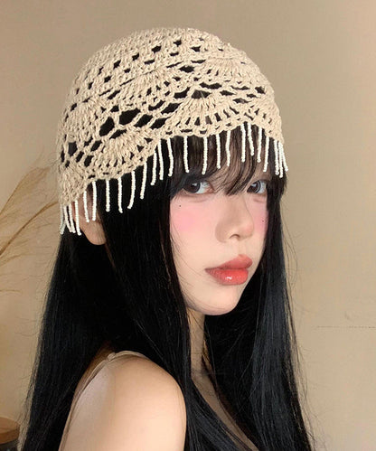 Boho Beige Tassel Hollow Out Knit Boonie Hat WI018 hat-HAT241105