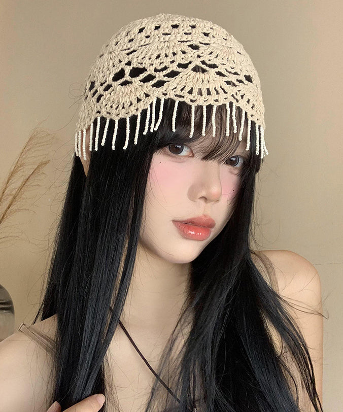 Boho Beige Tassel Hollow Out Knit Boonie Hat WI018 hat-HAT241105