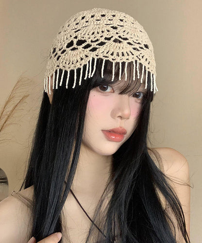 Boho Beige Tassel Hollow Out Knit Boonie Hat WI018 hat-HAT241105