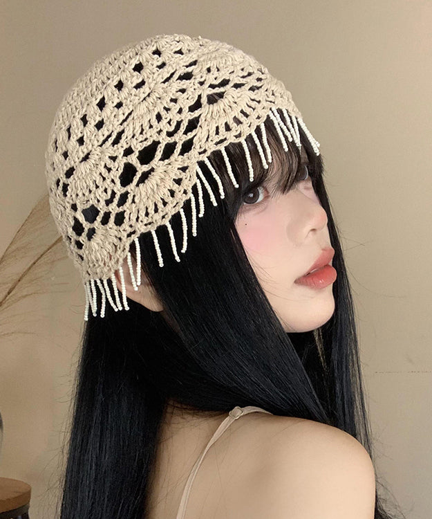Boho Beige Tassel Hollow Out Knit Boonie Hat WI018 hat-HAT241105