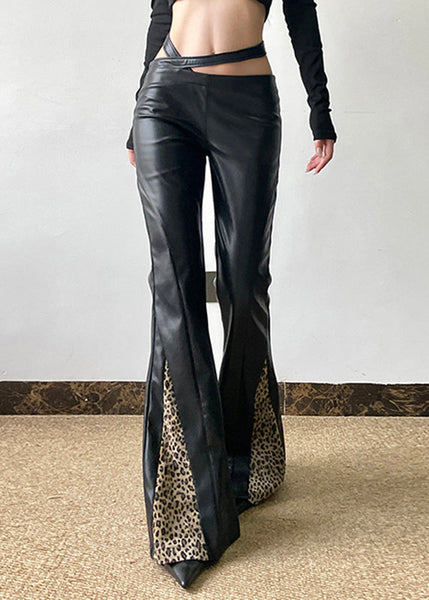 Boho Black PU Spring Patchwork Pants Leopard Asymmetrical FashionChic