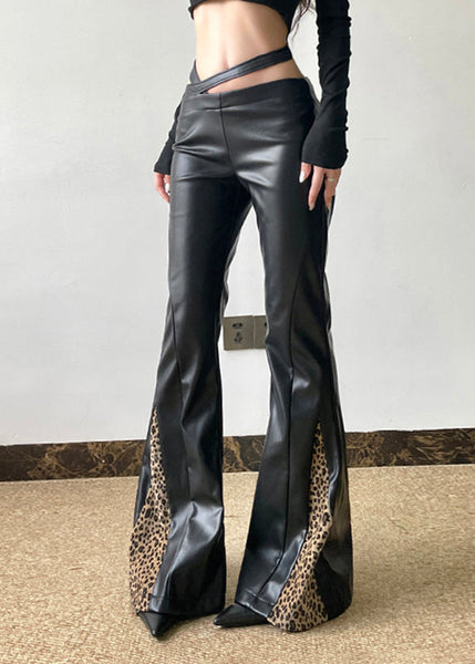 Boho Black PU Spring Patchwork Pants Leopard Asymmetrical FashionChic