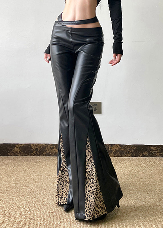 Boho Black PU Spring Patchwork Pants Leopard Asymmetrical FashionChic