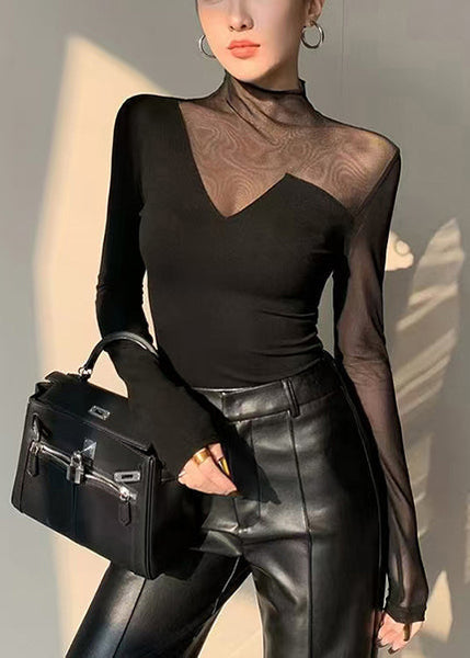 Boho Black Asymmetrical Patchwork Hollow Out Tops Spring YF028 ABC