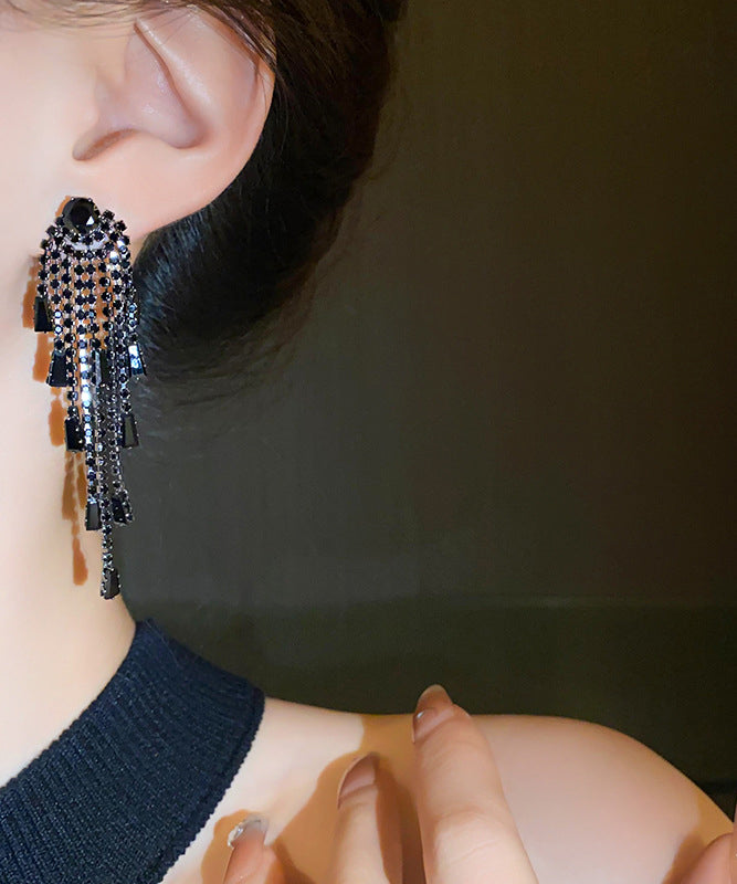 Boho Black Copper Zircon Tassel Drop Earrings QZ016 JEW-EAR241023