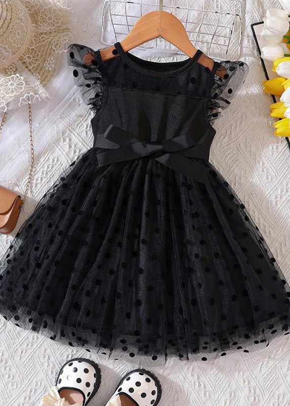 Boho Black Dot Patchwork Tie Waist Tulle Girls Mid Dresses Summer EW015 WS-JRTZSDM240810