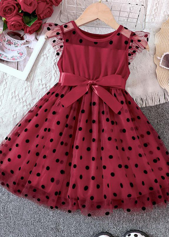 Boho Black Dot Patchwork Tie Waist Tulle Girls Mid Dresses Summer EW015 WS-JRTZSDM240810