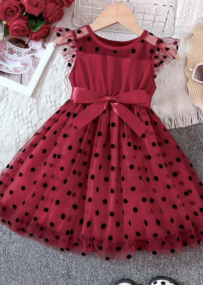 Boho Black Dot Patchwork Tie Waist Tulle Girls Mid Dresses Summer EW015 WS-JRTZSDM240810