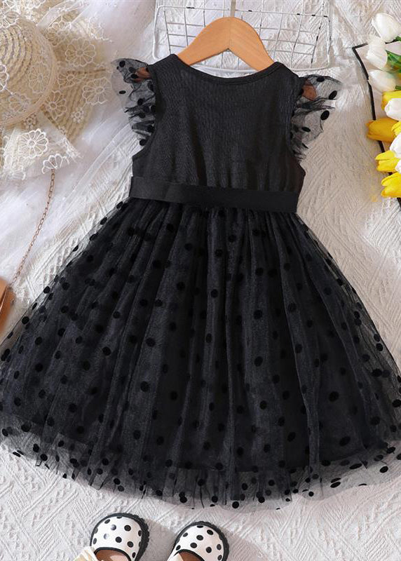 Boho Black Dot Patchwork Tie Waist Tulle Girls Mid Dresses Summer EW015 WS-JRTZSDM240810