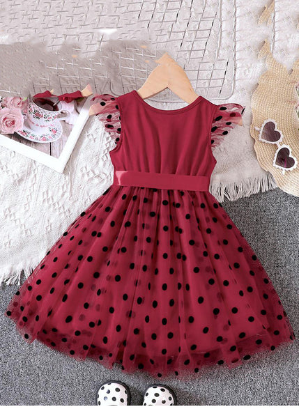 Boho Black Dot Patchwork Tie Waist Tulle Girls Mid Dresses Summer EW015 WS-JRTZSDM240810