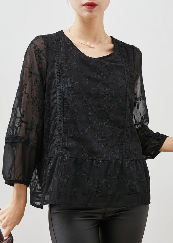 Boho Black Embroidered Tulle Blouse Top Bracelet Sleeve YU1058 Ada Fashion