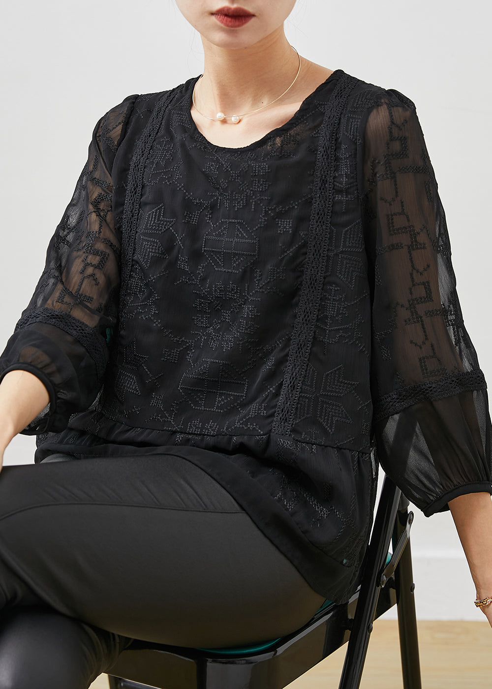 Boho Black Embroidered Tulle Blouse Top Bracelet Sleeve YU1058 Ada Fashion