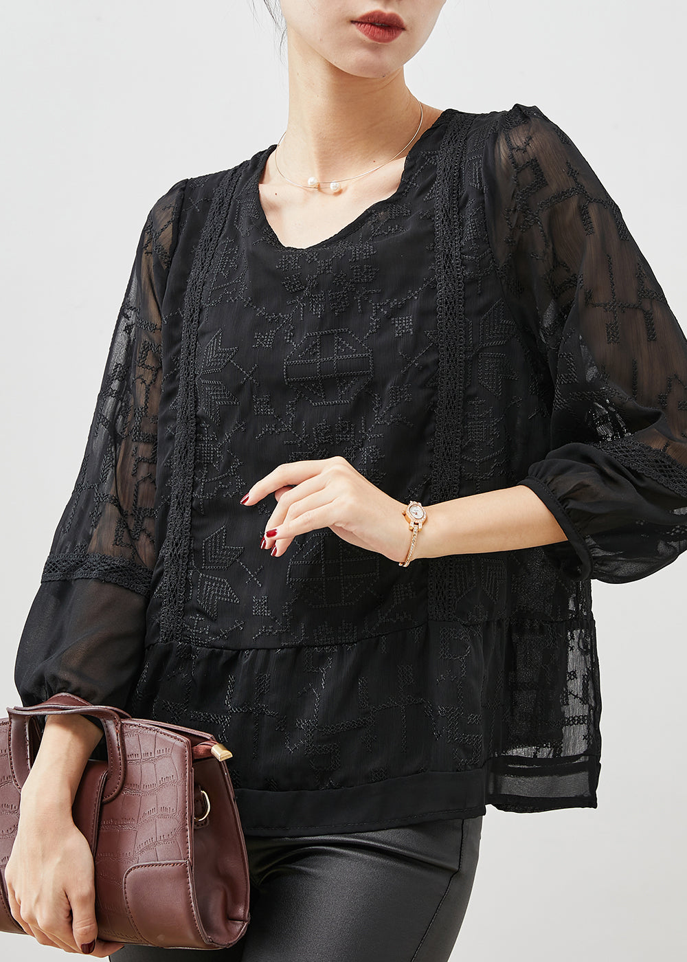 Boho Black Embroidered Tulle Blouse Top Bracelet Sleeve YU1058 Ada Fashion