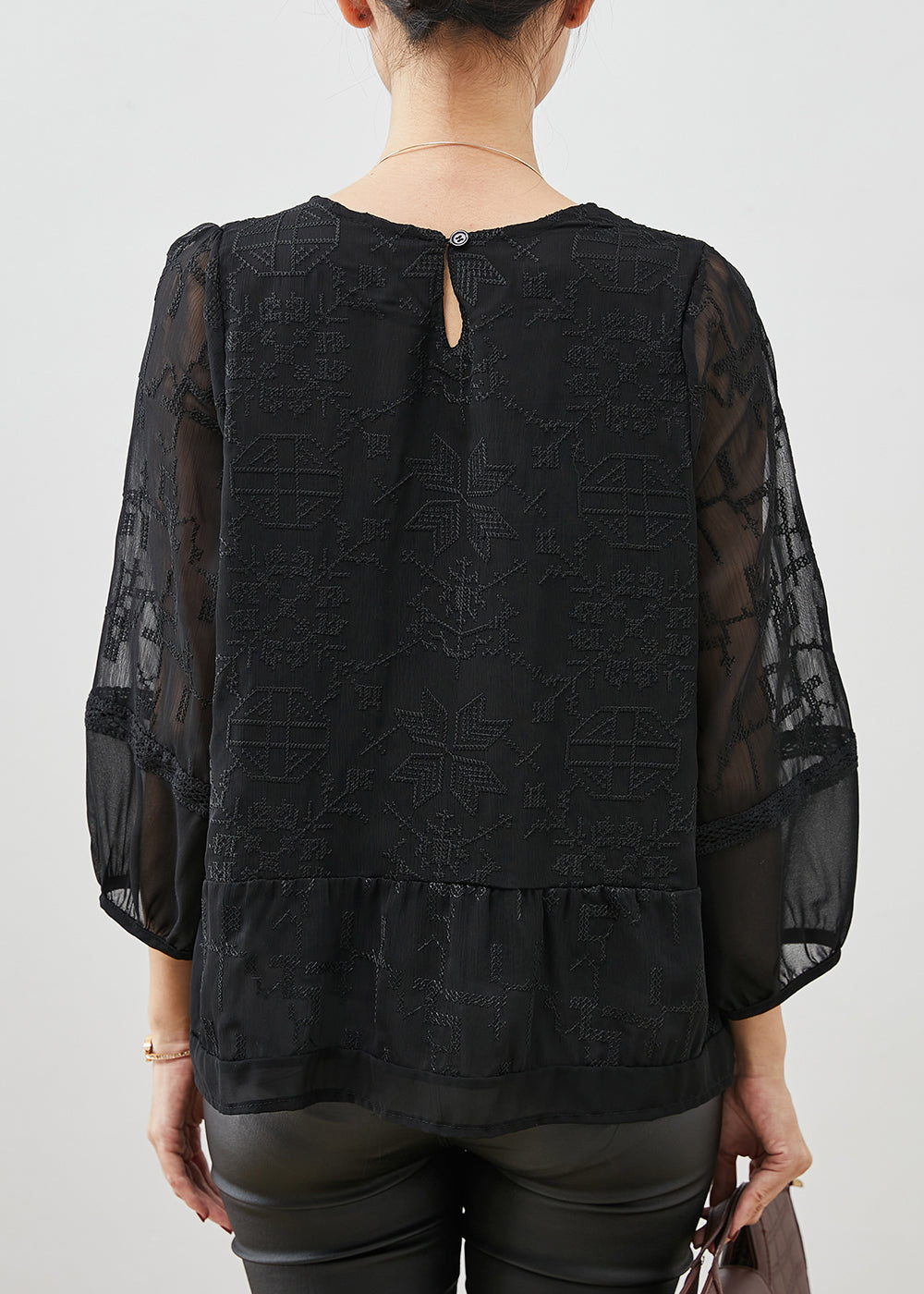 Boho Black Embroidered Tulle Blouse Top Bracelet Sleeve YU1058 Ada Fashion